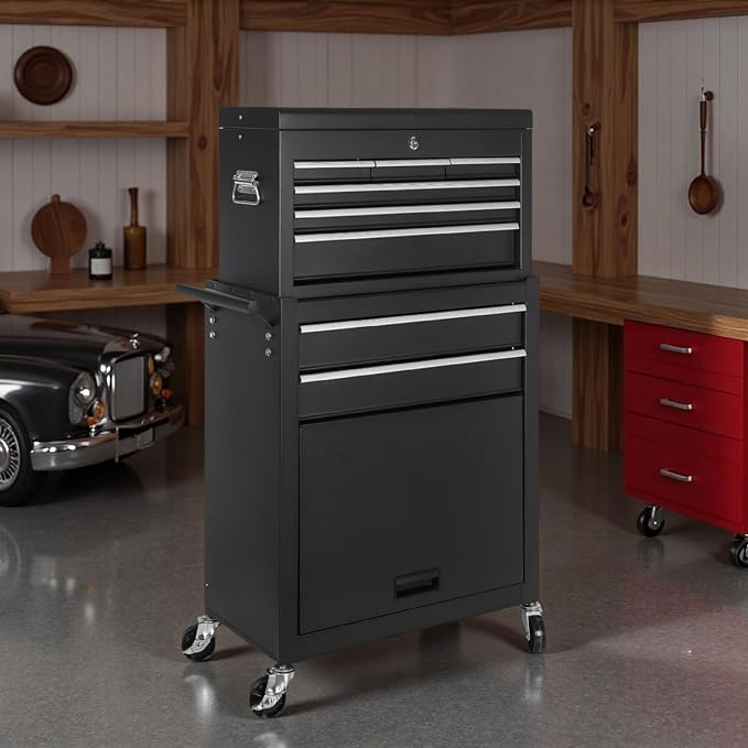 Tool Chest, 8-Drawers Rolling Tool Storage Cabinet with 2-in-1 Detachable Tool Box, Side Hooks, Liner, Lockable Wheels, Multifunctional Metal Tool Cart for Garage Warehouse, Black