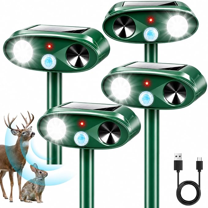 2026 Sonic Fortress Pro Deer Repellent Devices with USB Charge,Solar Ultrasonic Animal Repellent with Motion Sensor&Flash Light,Deer Deterrent for Flower beds,Vegetable Gardens,Plants 4Pack