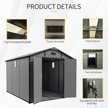 PVWIIK 8x10 ft Resin Outdoor Storage Shed with Floor & Window, Lockable Waterproof All-Weather Utility Shed for Garden Tools & Trash Bins, Gray