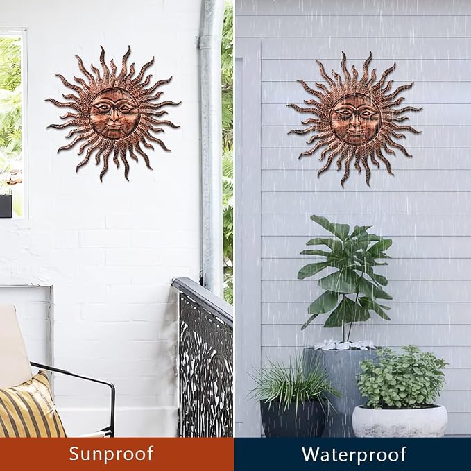 VEWOGARDEN Sun Outdoor Wall Decor, 29" Waterproof Large Metal Wall Art for Home Outside Patio Garden Fence Decorations, Antique Bronze