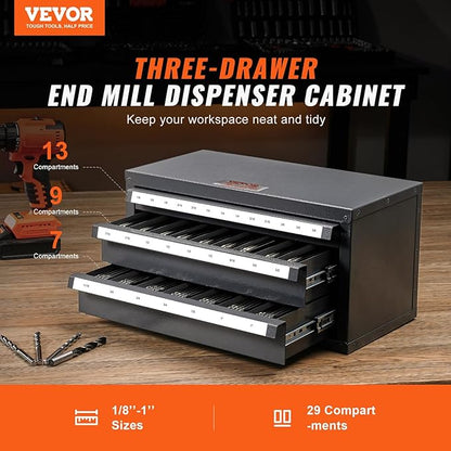 VEVOR End Mill Dispenser - Three-Drawer End Mill Organizer Cabinet, Cold Rolled Steel, Fractional Sizes 1/8" to 1"