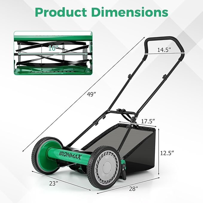 IRONMAX Lawn Mower, 16 Inch Push Reel Lawn Mower with 5 Steel Blades, Adjustable Cutting Heights, Grass Catcher Bag, Walk-Behind Manual Lawnmower for Garden Park Yard, No Motor (Green, 16 Inch)