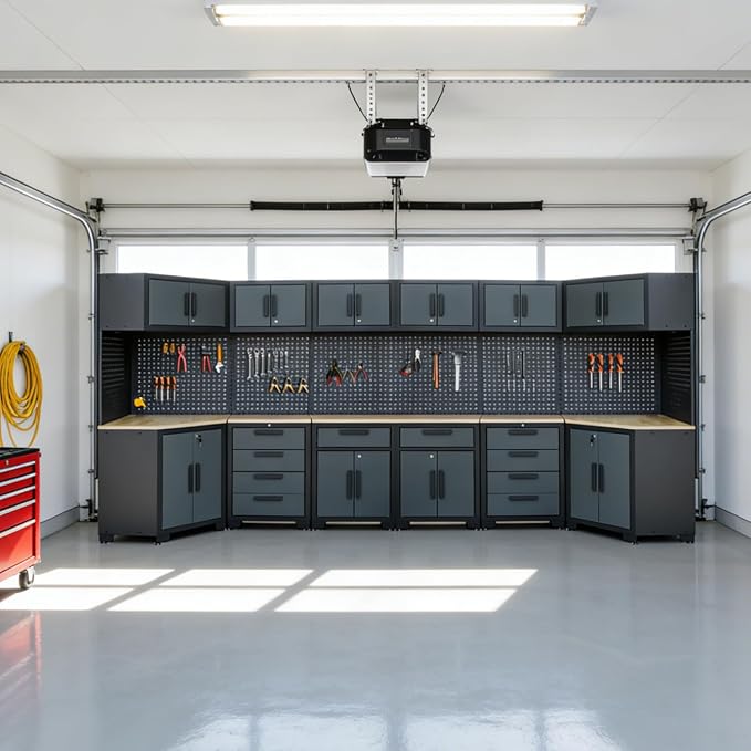 Garage Storage Cabinet System,2×8Pcs Garage Cabinets and Storage System Corner Workshop Set with Corner Cabinet, Cabinet Drawers, Workbench, Pegboard for Tool Organization, Black and Grey