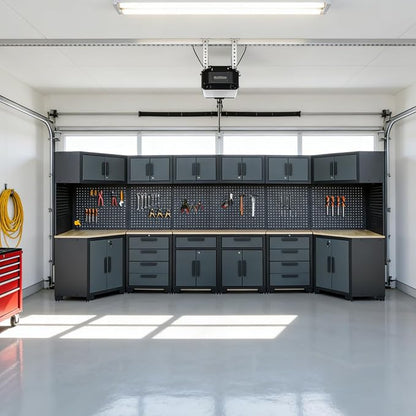 Garage Storage Cabinet System,2×8Pcs Garage Cabinets and Storage System Corner Workshop Set with Corner Cabinet, Cabinet Drawers, Workbench, Pegboard for Tool Organization, Black and Grey