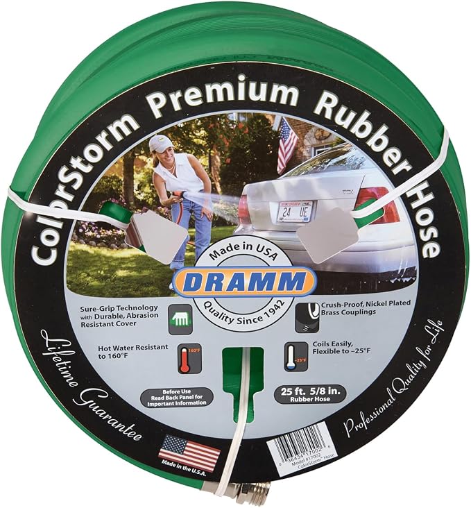 Dramm ColorStorm Premium Rubber Garden Hose – 50 ft Heavy Duty 5/8" Water Hose – Kink Resistant, Crush-Proof Nickel-Plated Couplings – Made in USA - Green
