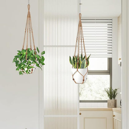 LEWESU Jute Macrame Plant Hanger Indoor Set of 2 Hanging Planter Basket Flower Pot Holder with Decorative Wood Beads & No Tassels for Indoor Outdoor Boho Home Decor, 35 Inch Brown (Pots Not Included)