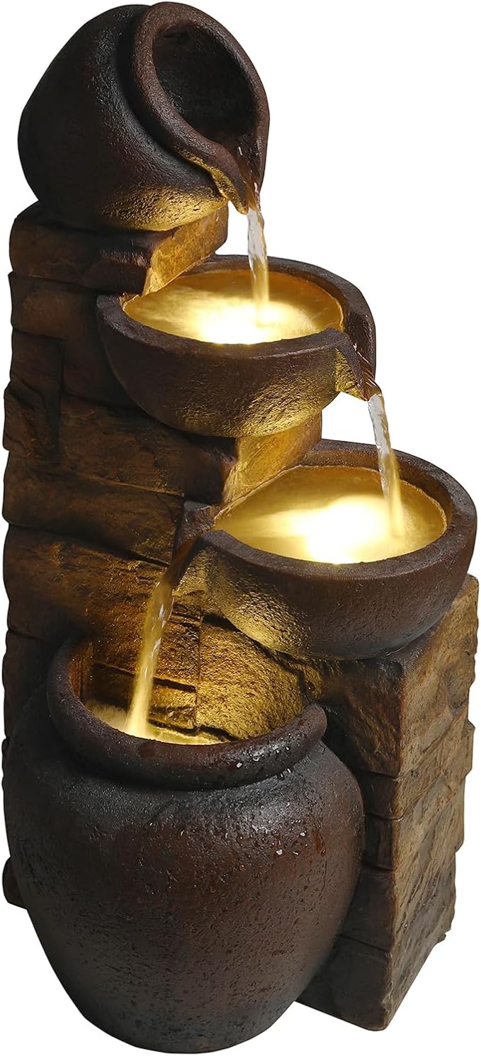 25.6" Outdoor Water Fountain, 4 Tier Cascading Pot Freestanding Water Fountain, Outdoor Fountain with LED Lights, Garden Water Feature, Suitable for Patio Yard Porch Landscape, Brown