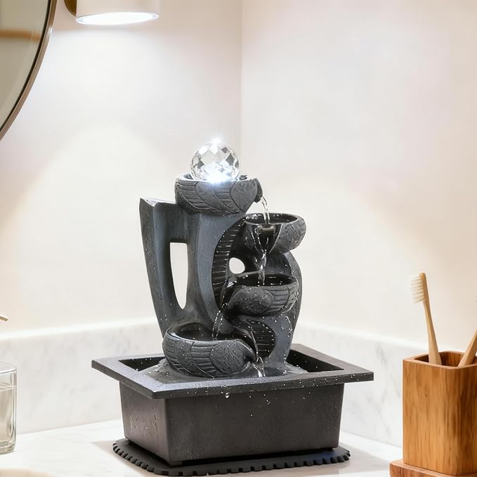 Indoor Tabletop Waterfall Fountain with Spining Orb for Home Office Desk, Gray Rock Resin Zen Water Feature with Soothing Sound for Relaxation & Meditation