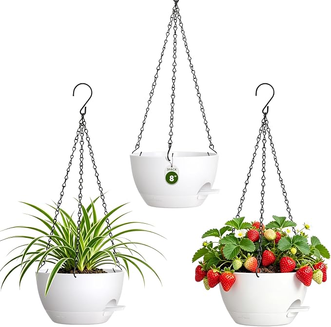 8 Inch Self Watering Hanging Planters Set of 3 with Saucers | Set of 3 8-inch self-watering hanging planters with side-fill watering ports, chain hangers & snap-on saucers