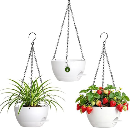 8 Inch Self Watering Hanging Planters Set of 3 with Saucers | Set of 3 8-inch self-watering hanging planters with side-fill watering ports, chain hangers & snap-on saucers