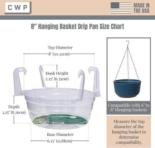 Curtis Wagner Plastics Hanging Basket Drip Pans (5-Pack) | Clear, Round (Diameter = Base 6.25", Top 8", Depth 3.5") Hanging Plant Tray Saucer with Built-in Hooks & Water Catcher for Indoor & Outdoor