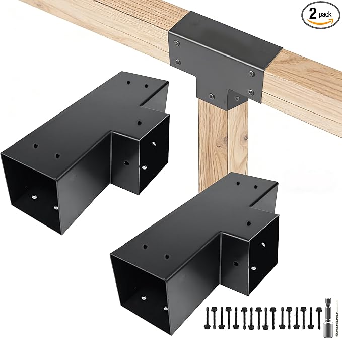2PC T-Shaped 3-Way Pergola Bracket Kit, Pergola Kits to Build Yourself | 4x4 Corner Brackets for Wood for Wood Beams, Corner Brackets for Do It Yourself Pergola Kits Outdoor Gazebo Patio Log Cabin