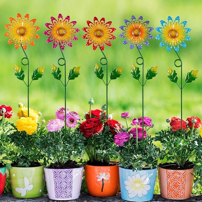 5 Pack Metal Flowers Decorative Garden Stakes, Metal Flowers for Outside Spring Yard Decor, Decorative Yard Art for Lawn, Patio, Fence,Garden Decor