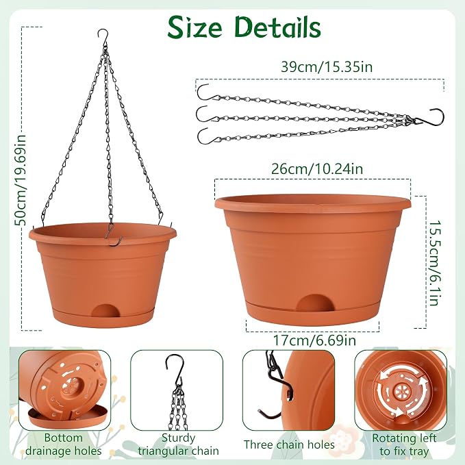 Nooulap 4 Pack Hanging Planters, 10 Inch Hanging Plant Pot, Red | Indoor Outdoor Hanging, with 40cm Chain, Rotatable Removable Tray, Bottom Drainage Available, Two Ways Watering