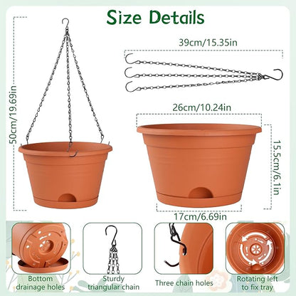 Nooulap 4 Pack Hanging Planters, 10 Inch Hanging Plant Pot, Red | Indoor Outdoor Hanging, with 40cm Chain, Rotatable Removable Tray, Bottom Drainage Available, Two Ways Watering