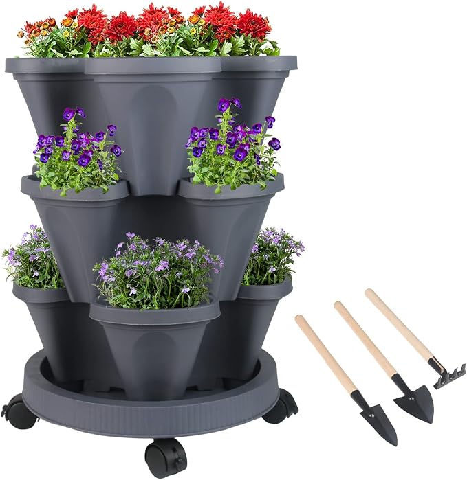 GameXcel Vertical Planter Tower - 3 Tier Stackable Garden Planters with Wheels and Tools Plant Pots for Strawberry Herb Flower and Vegetable Indoor Outdoor Use Dark Gray