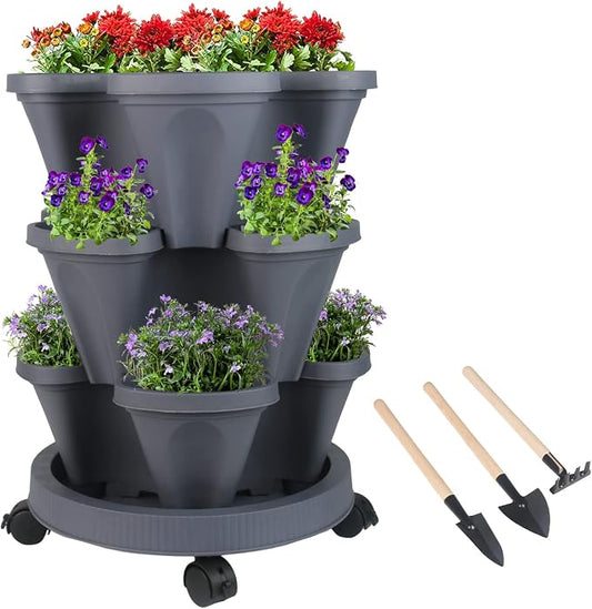 GameXcel Vertical Planter Tower - 3 Tier Stackable Garden Planters with Wheels and Tools Plant Pots for Strawberry Herb Flower and Vegetable Indoor Outdoor Use Dark Gray