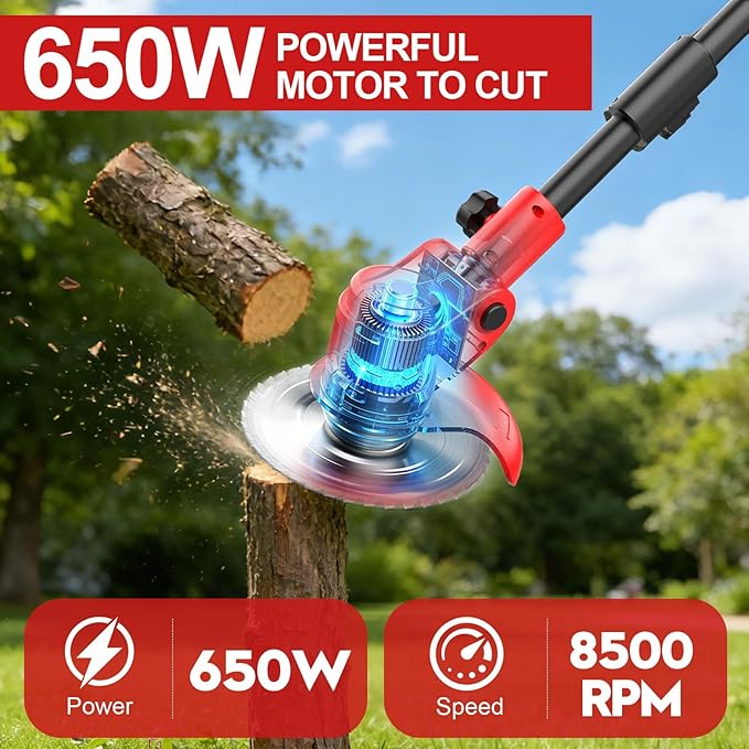 Electric Weed Wacker, 650W Cordless Weed Trimmer with Wheels, 2x2.0Ah 21V Battery Powered Weed Eater, String Trimmer Brush Cutter, Lawn Mower Edger Lawn Tool for Garden Yard