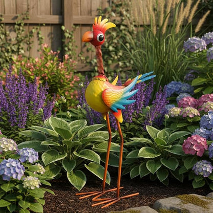 Metal Rooster Statue Outdoor Garden Decor,19" Wacky Bird Decor Yard Statue Decorations Outdoor,Funny Chicken Sculpture for Patio, Lawn, Backyard (Red+Yellow)