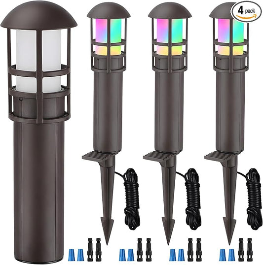 LEONLITE 4-Pack RGBCW Low Voltage Landscape Pathway Lights, 3W, CRI90 | Color Changing, 12-24V AC/DC, Aluminum, ETL, Multi-Color, Low Voltage LED Bollard Path Lights, for Walkway Yard Garden