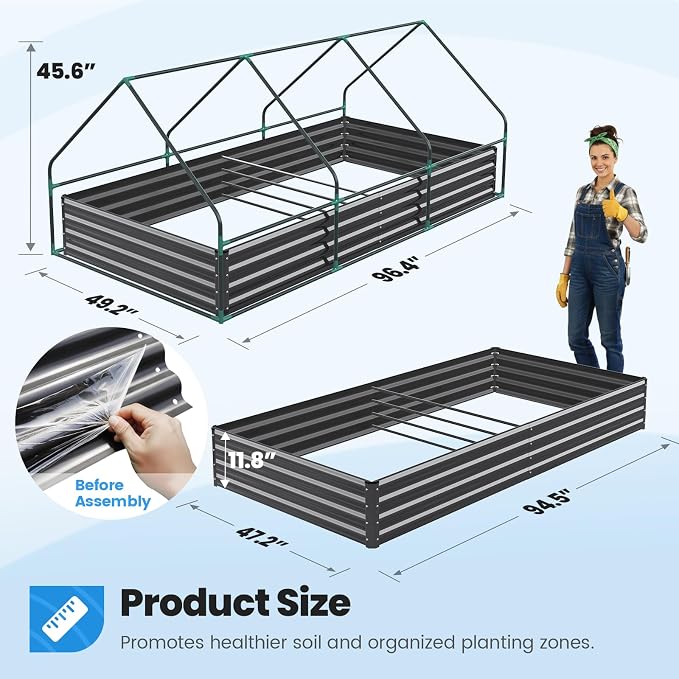Quictent Raised Garden Bed Galvanized Raised Beds for Gardening Vegetables with Cover 8x4x1 ft Metal Planter Box Outdoor Use (Clear)