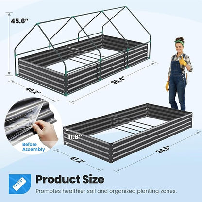 Quictent Raised Garden Bed Galvanized Raised Beds for Gardening Vegetables with Cover 8x4x1 ft Metal Planter Box Outdoor Use (Clear)