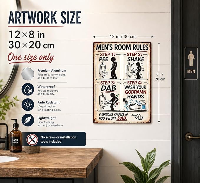Men's Room Rules Funny Metal Sign, Vintage Bathroom Humor Wall Decor, Retro Restroom Step Guide Plaque for Man Cave Garage Bar Home Bathroom Decor 8x12 Inch
