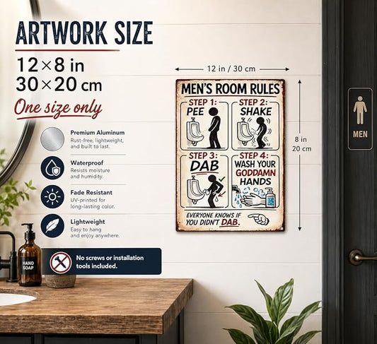 Men's Room Rules Funny Metal Sign, Vintage Bathroom Humor Wall Decor, Retro Restroom Step Guide Plaque for Man Cave Garage Bar Home Bathroom Decor 8x12 Inch