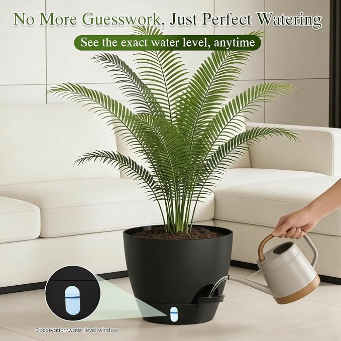 Plant Pots, 1 Pack 12 Inch Self Watering Pots with Drainage Holes, Water Level Indicator Deep Reservoir, Large Planters for Indoor Outdoor Plants - Black