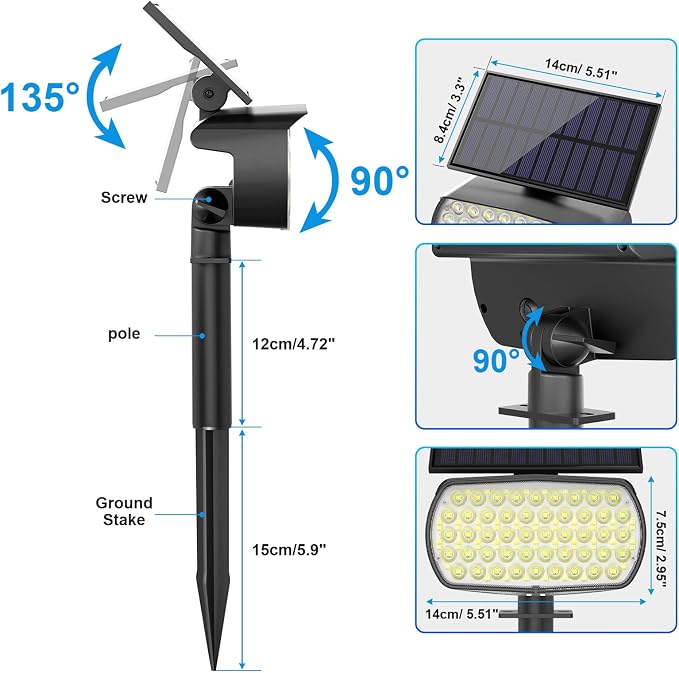 108 LED Solar Spot Lights Outdoor, Solar Lights Outdoor IP65 Waterproof, 3 Modes Solar Landscape Spotlights, Large Solar Powered Panel Lights for Garden Yard Pathway(Cool White/6 Pack)