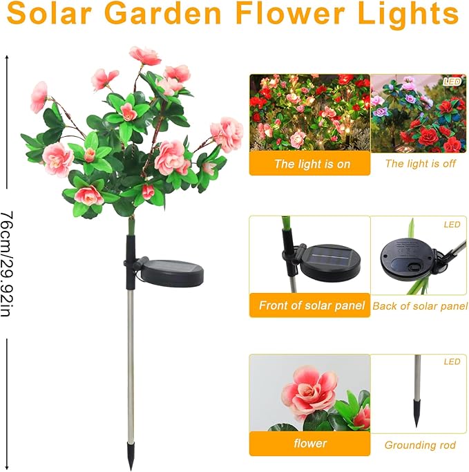 Garden 4 Pack LED Solar Flower Lights with More Realistic Azalea Flowers Solar Garden Lights Outdoor Waterproof for Yard Patio Lawn Pathway Walkway Decoration 4-Pack Red & Pink Combo