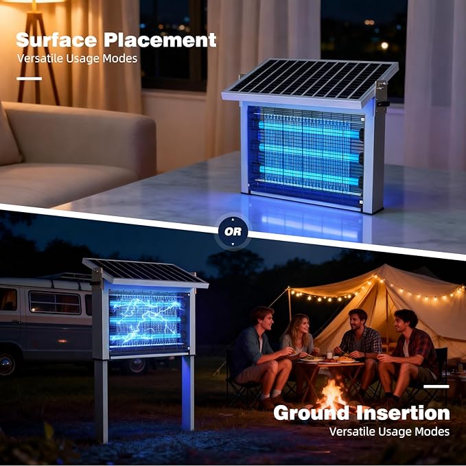 Heavy-Duty Large Solar Bug Zapper Outdoor for 1/4 Arce with 30W Solar Panel | Aluminum Rechargeable Solar Zapper with High Powered, Waterproof Solar Bug Zapper for Patio Garden Backyard Farm Large Places