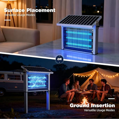 Heavy-Duty Large Solar Bug Zapper Outdoor for 1/4 Arce with 30W Solar Panel | Aluminum Rechargeable Solar Zapper with High Powered, Waterproof Solar Bug Zapper for Patio Garden Backyard Farm Large Places
