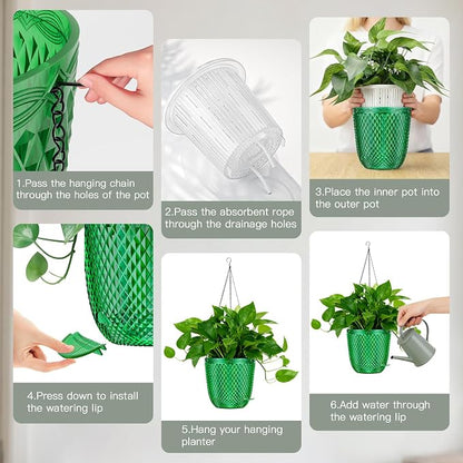 QCQHDU Hanging Planters for Indoor Plants, 2-Pack, 5.7 Inch, Emerald | Plastic, Self Watering Plant Hanger, with Drainage Holes, 3 Hooks Chains, For Garden Home