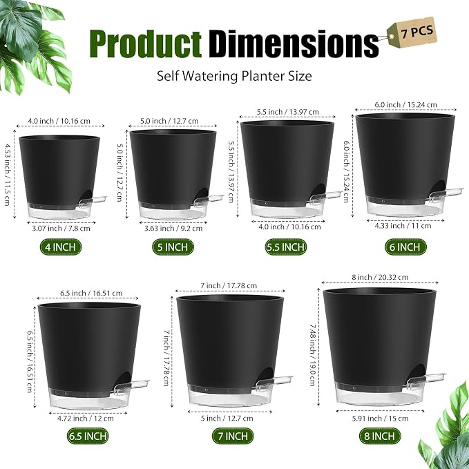 Plant Pots 4/5/5.5/6/6.5/7/8 Inch Self Watering Pots, 7 Pack Plastic Planters with Drainage Holes and Clear Saucers,Plastic Flower Pots,Nursery Planting Pot for Indoor Out Door Plants(Black)