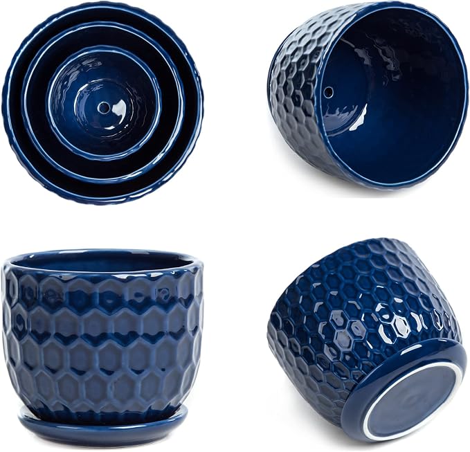 Ceramic Flower Pots with Drainage Hole and Saucer, North European Style Round Indoor Succulent Planters with Honeycomb Inspired Texture Design, Small to Medium-Sized, Set of 3, Navy Blue