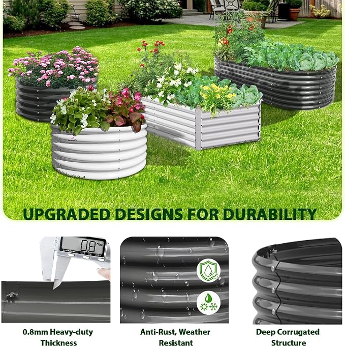A ANLEOLIFE 12X3X1.5 ft Galvanized Raised Garden Beds Outdoor, Oval Extra Large Metal Planter Box for Planting Vegetables Flowers Herb, Anti-Rust & Easy-Setup, Quartz Grey