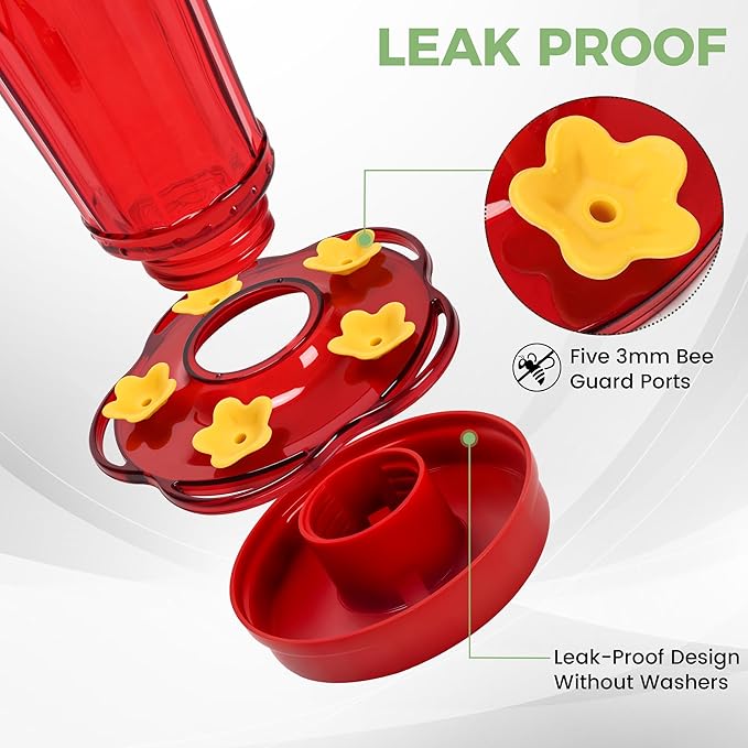 2 Pack Glass Hummingbird feeders for Outdoors 14Ounces，5 Feeding Ports Hummingbird Feeder,Wide Mouth for Easy Filling/Cleaning，Hanging for Garden Backyard Decor, Includes Ant Moat (Red，2Pack)