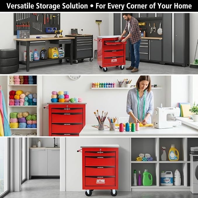 4-Drawer Rolling Tool Chest, Lockable Stainless Worktop for Garage, Red | Heavy Duty Metal Tool Cabinet with Drawers on Wheels for Warehouse and Workshop Storage