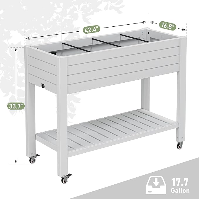 33.7" Tall Raised Garden Bed with Wheels, Divisible Resin Planter Box with Drainage Gauge & Storage Shelf, Herb Planter for Garden Patio Backyard, Medium Ashen (33.7" h)