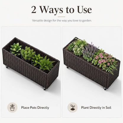 Raised Garden Bed with Wheels - Rattan Wicker Elevated Raised Garden Bed Outdoor Raised Planter Box for Vegetables Grass Lawn Yard, 38 x 14.5 x 12 in, Brown