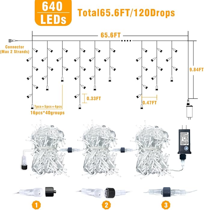 66ft Icicle Lights for Outside, Blue and White Christmas Lights Outdoor Indoor, 640 LED Twinkle String Light with 120 Drops Short Curtain Lights for Thanksgiving Room Home Wall Bedroom Window Decor