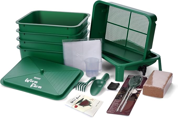 Blütezeit 5-Tray Worm Compost Bin, 53QT Worm Composter Indoor & Outdoor, Worm Farm Starter Kit for Vermicomposting, Recycling Food Waste (Green)