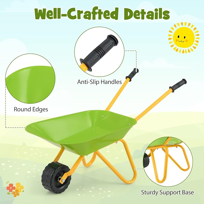 Costzon Kids Wheelbarrow, Metal Construction Toys Kart, Child Wheel Barrel w/Non-Slip Handle, Wearable Wheels, Yard Rover Steel Tray, Tote Dirt/Leaves/Tools in Garden for Toddlers (Light Green)