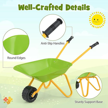 Costzon Kids Wheelbarrow, Metal Construction Toys Kart, Child Wheel Barrel w/Non-Slip Handle, Wearable Wheels, Yard Rover Steel Tray, Tote Dirt/Leaves/Tools in Garden for Toddlers (Light Green)