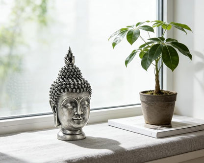 Buddha Head Statue Zen Meditation Decoration, 11 inch Resin Antique Silver Buddha Head Statue for Buddhist Spiritual Altar Decoration Buddhism Gifts