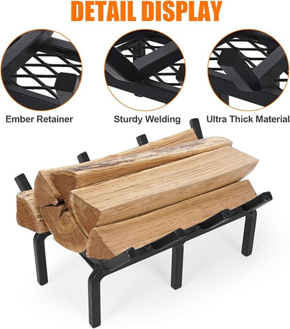 14 Inch Fireplace Grate with Ember Retainer,Cast Iron Fireplace Log Grate,Fireplace Log Holder,Heavy Duty Solid Steel Fireplace Wood Holder,Wood Stove Wrought Rack for Indoor Outdoor