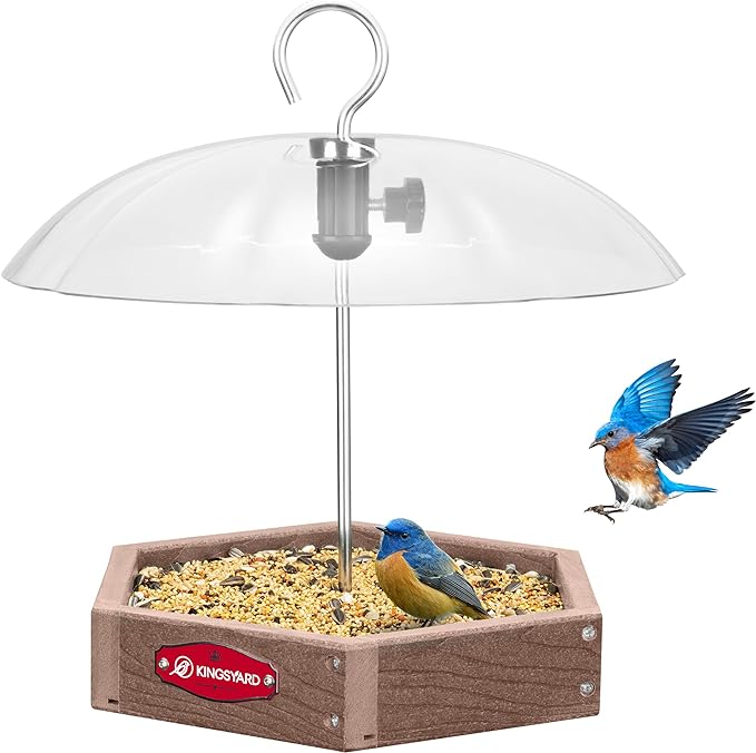 Kingsyard Large Platform Bird Feeder Outdoor Hanging, Adjustable Dome Squirrel Proof Rain Cover, Metal Mesh Tray Recycled Plastic Wild Bird Seed Feeding Station, Brown