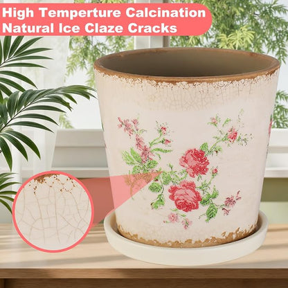 Ceramic Flower Pots For Indoor Plant, 5.5 Inch Small Ice Crack Plant Pots With Drainage Hole & Saucer, Decorative Vintage Planters For Succulent Herb Cactus Mint Basil, Garden Pot For Home Decor