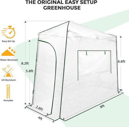 EAGLE PEAK 9x4 Portable Walk in Greenhouse, Pop Up Indoor Outdoor Greenhouse, Green House Kit with Zippered Roll-Up Doors and Windows, Lean-to Design, PE Cover, Clear/White